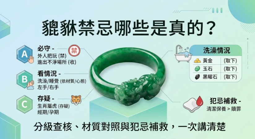 這是一張關於「貔貅」玉石戒指禁忌的圖文攻略。圖片依必守、看情況、存疑分級查核了禁忌，例如A級必守項包括禁止外人把玩和進出不淨場所。右側明確黃金、玉石、黑曜石材質貔貅在洗澡時皆需取下，並提供了犯忌後的清潔保養補救方法，幫助讀者破解迷思並正確配戴。