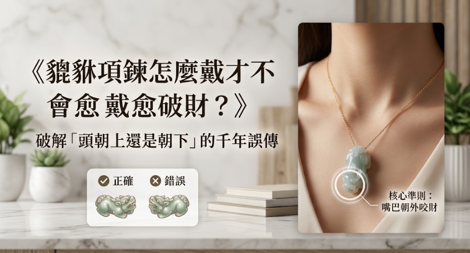 這是一張破解「貔貅項鍊」配戴迷思的實景示範圖。畫面右側展示模特兒實際配戴玉石神獸的模樣，並特別標註核心準則，強調嘴巴必須朝外才能向外咬財；左側則搭配正確與錯誤的對照小圖，直接解答頭部朝向的千年誤傳，幫助讀者避開愈戴愈破財的風水地雷。