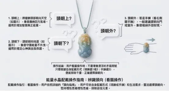 這是一幅詳解「貔貅項鍊」與手鍊頭向意義的實務指引圖卡。畫面中央以精美的漸層玉石神獸為主體，清晰解說頭朝上能廣納正能量、頭朝下可守護心神不外洩的不同功效；右下角並對比了手鍊需頭朝外以吸納財氣的差異，引導讀者依據自身的飾品形式與生活需求，理性且靈活地選擇最適合的配戴方向。
