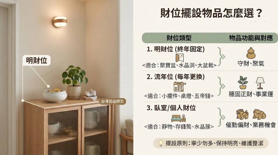 這是一幅解析「財位擺設物品」挑選邏輯的實景與圖表對照圖。左側展示明財位木櫃上擺放聚寶盆與圓葉植物的居家實景；右側則詳細分類明財位、流年位與臥室個人財位，並對應列出適合的水晶洞、桌燈或存錢筒等物件，引導讀者依據聚氣守財、穩固事業或催動業務等不同功能來正確佈置。