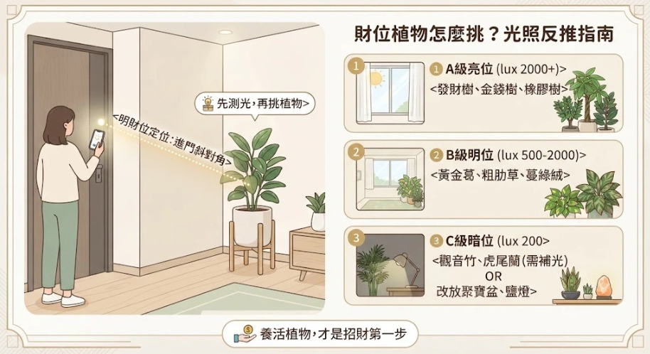 這是一幅解析「財位植物」挑選原則的實用圖解。左側示範在進門斜對角的明財位先使用手機測量光照度；右側則依據光線強弱分為A級亮位（適合發財樹等）、B級明位（適合黃金葛等）與C級暗位（建議補光或改放鹽燈）三個等級，強調「養活植物才是招財第一步」的核心觀念，幫助讀者依據環境科學選植栽。