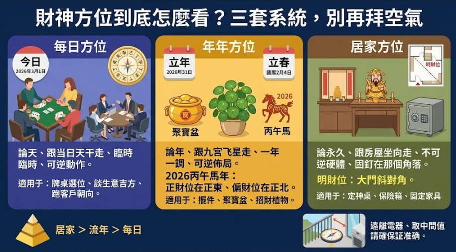 這是一幅解析「財神方位」推算規則的綜合資訊圖。畫面分為三大部分：左側「每日方位」（隨天干變化，適用牌桌與談生意）、中間「流年方位」（隨九宮飛星一年一調，適用聚寶盆與植物）、右側「居家方位」（跟隨房屋坐向，如大門斜對角明財位，適用神桌與保險箱），並標註優先權重為居家高於流年高於每日，引導讀者精準找對財位。