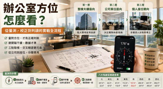 這是一張解析「辦公室方位怎麼看」的實戰測量圖解。畫面以手持智慧型手機指南針搭配辦公室平面圖為背景，詳細拆解從整棟大樓、公司單位到個人座位的三個看方位層次；圖卡下方更貼心附上包含開啟真北、遠離干擾、端平手機與三點取樣的量測四步驟，以及實用的八方角度區間速查表，幫助讀者精準掌握辦公空間的風水座向。