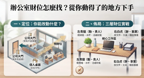 這是一幅解析「辦公室財位」的個人桌面佈局教學圖。左半部引導上班族從自身能掌控的桌面範圍進行定位；右半部則示範實用佈局法，建議在核心工作區的左青龍（動方）擺放綠植或水杯活絡財氣，並在右白虎（靜方）整齊收納文件文具以穩固事業，教導讀者輕鬆打造專屬的開運工作區。