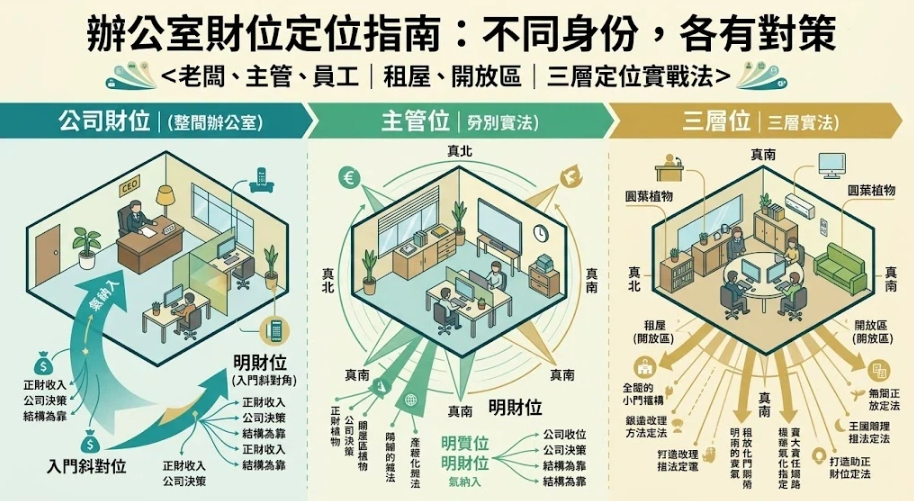 這是一幅解析「辦公室財位怎麼看」的階層定位插畫。畫面由左至右分別展示「公司財位（老闆與整體格局）」、「主管位（獨立辦公室）」與「三層位（員工開放辦公區）」，針對不同職位身分提供專屬的明財位佈局與招財植物擺放策略，幫助職場人依據自身使用空間精準找對聚財點。