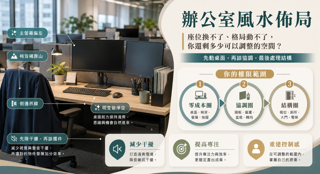 這是一張針對一般上班族設計的「辦公室風水佈局」實景教學圖。畫面左側以辦公桌實景示範如何透過主螢幕偏左、椅背掛外套當靠山以及保持明堂淨空來減少視覺干擾；右側則將環境調整權限具體劃分為零成本圈、協調圈與結構圈三個層級，引導員工在無法更動大格局的前提下，優先從自身桌面做起，藉此重建工作節奏與控制感。
