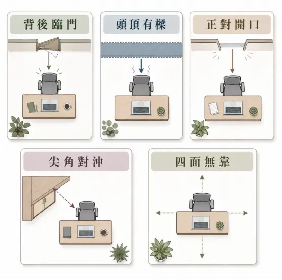 這是一幅利用「辦公室風水盆栽」來化解座位煞氣的俯視示意圖卡。畫面列出五種常見的不良辦公座位格局,包含背後臨門、頭頂有樑、正對開口、尖角對沖以及四面無靠;針對每一種煞氣,圖中皆以綠色植栽圖示明確標出最佳的擺放位置(例如在尖角對沖處放置盆栽擋煞,或在四面無靠的座位周邊以大型植栽建立邊界),幫助上班族運用簡單的植物佈置來改善自身的工作氣場。