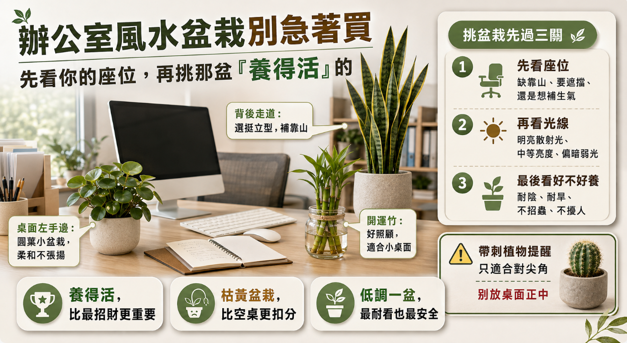 這是一張探討「辦公室風水盆栽」實務挑選與擺放的教學圖。畫面以現代辦公桌為背景，示範了將柔和的圓葉盆栽放於左手邊，並在背後走道擺放挺立型植栽來補足靠山；圖中右側整理出「先看座位、再看光線、最後看好不好養」的挑選三關卡，同時特別警告帶刺仙人掌僅適合用來化解尖角煞，不宜放於桌面正中，強調整體佈置應以「養得活、不招蟲」為最優先考量。