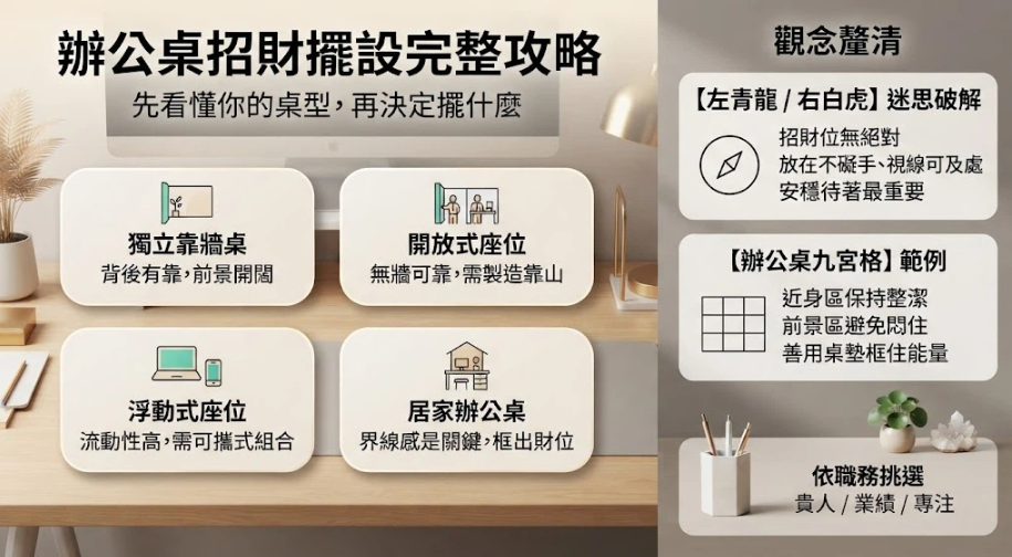 這是一幅解說「辦公桌招財擺設」的完整攻略圖卡。左側列出獨立靠牆桌、開放式座位、浮動式座位與居家辦公桌四種常見桌型的佈置重點；右側則破除傳統左青龍右白虎的迷思，並提供辦公桌九宮格的整潔規範與依職務挑選開運物的實用指南，幫助讀者打造順手又聚氣的工作環境。