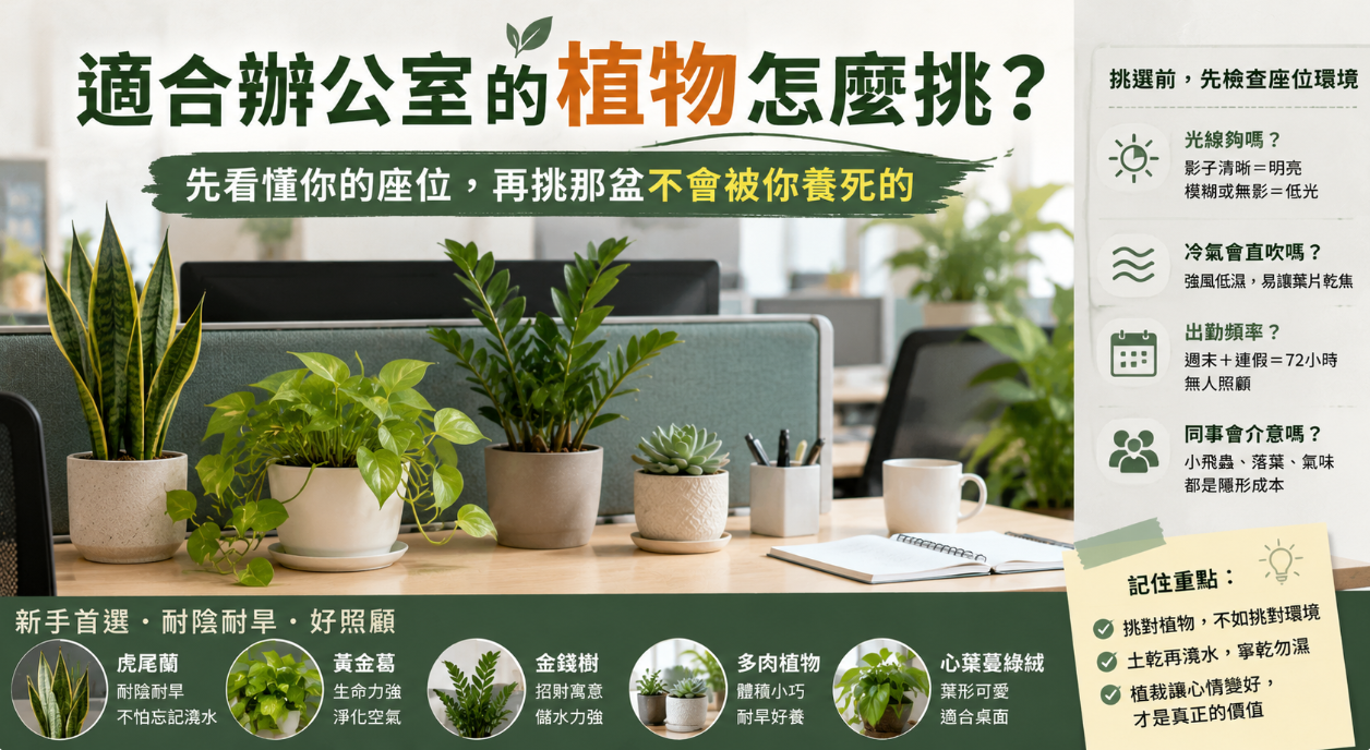 這是一張教導上班族評估「適合辦公室的植物」的實用圖解。畫面以擺滿各式盆栽的辦公桌實景為背景，右側列出購買前必看的四大環境條件，包含光線明暗、冷氣風向、出勤頻率與同事觀感；下方則針對新手推薦虎尾蘭、黃金葛、金錢樹與多肉植物等耐陰耐旱品種，引導讀者先釐清座位條件再挑選植栽，確保植物能長久存活並發揮療癒工作心情的最大價值。