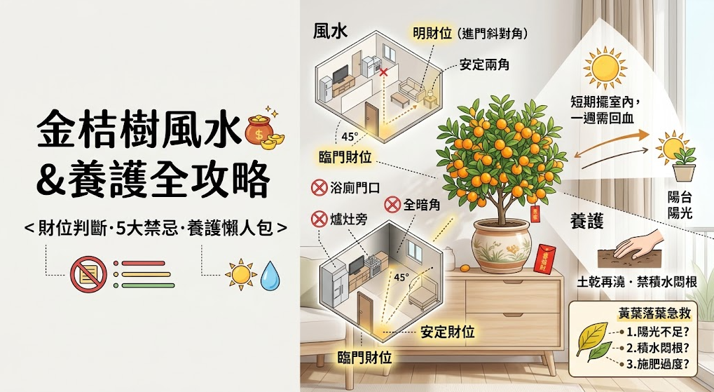 這是一幅統整「金桔樹風水」與照顧心法的綜合圖解。畫面中央以結滿果實與紅包的金桔盆栽為主體，左側透過立體居家格局圖，標示出明財位等招財吉位，同時列出忌諱靠近浴廁或爐灶等五大避坑位置；右側則圖文解說日照需求、澆水控制與黃葉急救步驟，讓讀者輕鬆掌握開運盆栽的照料秘訣。