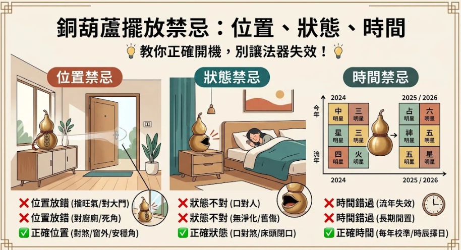 這是一張解析「銅葫蘆擺放禁忌」的實務教學圖。畫面分為三大區塊，分別具象化點出位置放錯（如正對大門阻擋旺氣）、狀態不對（如葫蘆開口直對床上入睡的人）以及時間錯過（未依照流年飛星及時調整）等常見的開運誤區；圖解下方並貼心對比出正確的擺放與維護建議，引導讀者避開地雷，確保化煞法器不失效。
