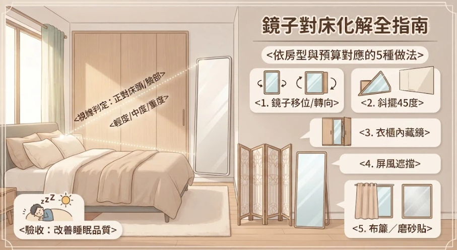 這是一幅解析「鏡子對床化解」的臥室實景指南圖。畫面左側點出床頭視線直對鏡面的煞氣判定標準，右側則圖文並茂地提供依房型與預算對應的五種實用化解法：包含鏡子移位、斜擺45度、衣櫃內藏鏡、屏風遮擋以及使用布簾或磨砂貼遮蓋，幫助讀者靈活調整以改善睡眠品質。