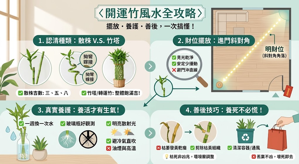 這是一張涵蓋「開運竹風水」全流程的實用攻略圖。畫面分為四大區塊，依序教導讀者辨識散株與竹塔的吉數、找出進門斜對角的明財位進行安放、掌握定期換水與明亮散射光等真實養護秘訣，最後更貼心提供植株發黃枯死時的剪除與善後技巧，幫助讀者建立從擺放到淘汰的完整開運植栽觀念。