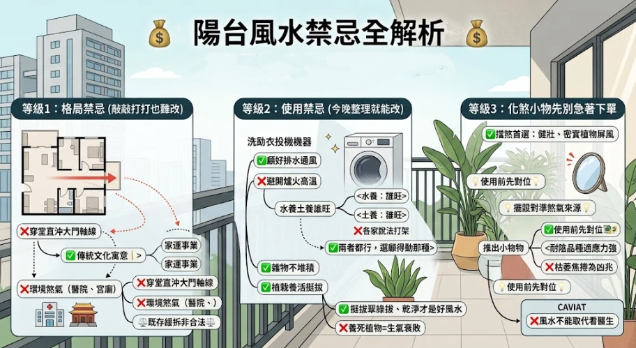 這是一張全面解析「陽台風水禁忌」的綜合攻略圖。畫面將陽台問題分為三個改善等級：等級一點出難以更動的穿堂煞與外部環境煞等格局問題；等級二提醒日常應注意洗衣機排水通風、避免堆積雜物並養活綠色植栽；等級三則針對化煞小物提供正確的對位與佈置建議，引導讀者循序漸進地化解煞氣並提升陽台正能量。