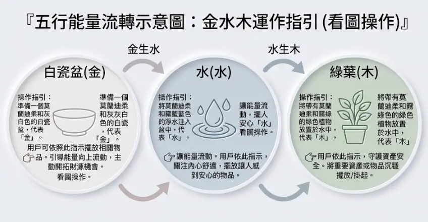 這是一幅解析「雪花福祿桐風水」底層邏輯的五行能量運作圖卡。畫面由左至右透過三個圖示,清楚拆解「金生水、水生木」的生旺過程:教導讀者運用白瓷盆(代表金)、注入清水(代表水)來滋養綠色植物(代表木),藉由盆器與植栽的五行元素搭配,輕鬆在空間中建立起生生不息的招財氣場。