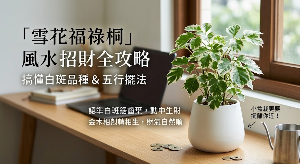 這是一張展示「雪花福祿桐風水」招財佈置的辦公桌面實景圖。畫面中木質桌上擺放著一盆擁有白斑鋸齒葉的雪花福祿桐，旁邊點綴著幾枚銅錢；圖中文字強調透過五行相生原理來讓財氣順暢，並建議將這類小盆栽擺放在距離自己較近的位置，以有效帶動工作環境中的活水財氣。