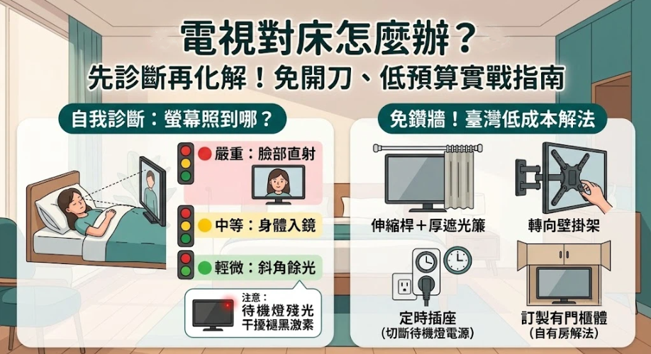 這是一幅解析「電視對床化解」策略的彩色資訊插畫。左側以紅黃綠燈自我診斷螢幕反射程度（嚴重直射、中等入鏡、輕微餘光），並提示待機燈殘光干擾；右側提供免鑽牆解法，包含伸縮桿遮光簾、轉向壁掛架、定時插座及有門櫃體，指引讀者靈活進行臥室鏡面煞化解。