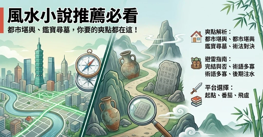 這是一幅呈現「風水小說推薦」多元題材的彩色插畫。左側以現代都市高樓、羅盤與古風山水、古董古碑形成鮮明對比；右側整理出四大爽點解析（都市堪輿、術法對決等）、避雷注意事項（完結狀態、後期注水等）以及起點、番茄等閱讀平台選擇，幫助書迷快速挑選心儀小說。