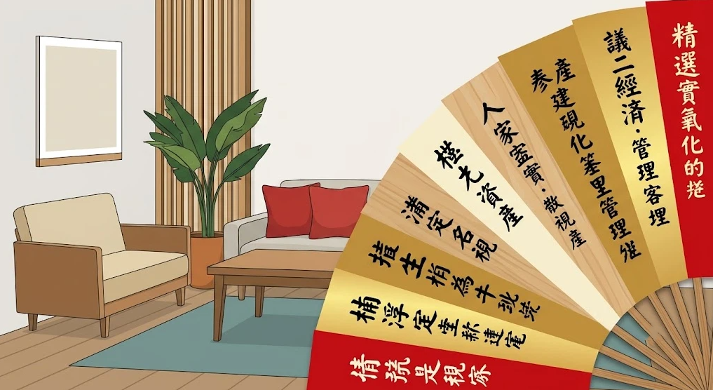 這是一幅解讀「風水尺寸」與居家空間配置的資訊插畫。左側展現溫馨簡約的客廳佈置，右側則以展開的金色與紅色扇面，條列出衡量空間的各項傳統擇吉指標，提示讀者在進行住宅尺寸量測與配置時，應兼顧視覺美感、實用功能與傳統吉凶邏輯。