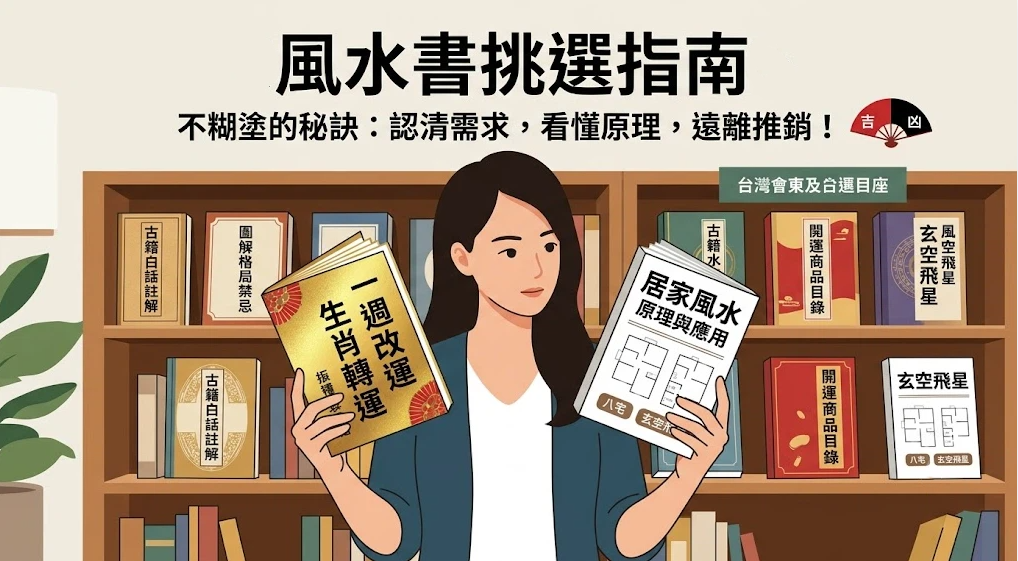 這是一幅解讀如何挑選專業「風水書」的書房情境插畫。畫面中央一名女子站在擺滿古籍白話註解與玄空飛星等書籍的書架前，一手拿著「一週改運」類的商業書，另一手拿著「居家風水原理與應用」的學理書，主標題引導讀者依據自身需求看懂原理，避開盲目推銷。