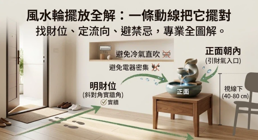 這是一張解析「風水輪」擺放動線與禁忌的居家實景圖。畫面以玄關視角出發，利用綠色箭頭指引出進門斜對角具備實牆的明財位，示範將流水盆安置於視線下方（高度約 40 至 80 公分）且正面水流朝內以引財入室；圖中同時標註需避開冷氣直吹與電器密集區，幫助讀者一目了然地掌握正確的開運佈置訣竅。