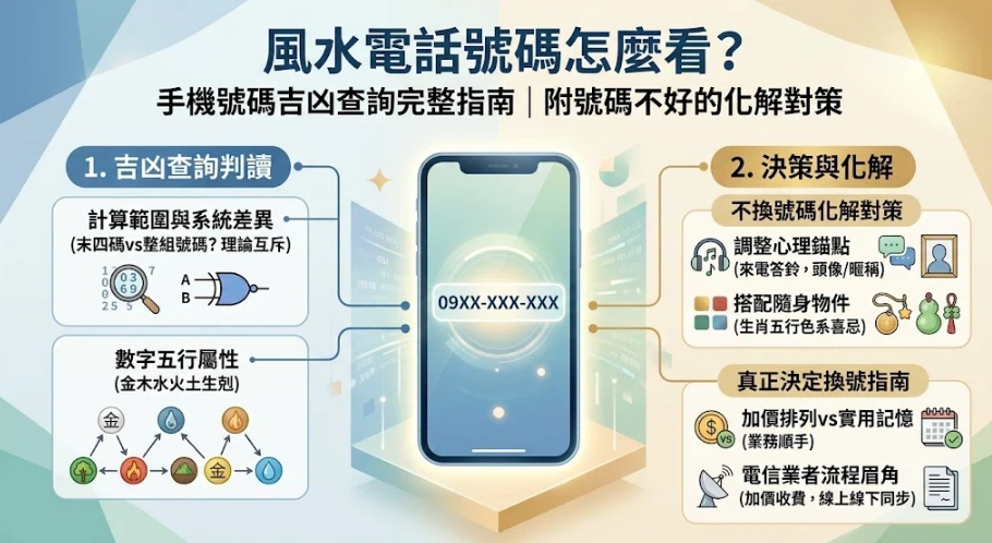 這是一幅解析「風水電話號碼」吉凶判讀與化解方法的現代科技感資訊圖。左側介紹末四碼與整組號碼的計算範圍及數字五行生剋；右側提供不換號的化解對策（調整桌桌布/頭像、搭配五行開運物件）以及電信換號流程眉角，引導讀者理性看待手機號碼磁場。