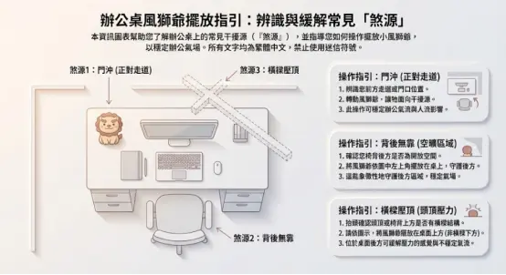 這是一幅解析「風獅爺擺放辦公桌」的俯視平面圖卡。圖中清晰標示出職場環境常見的三大風水干擾：包含正對走道的門沖、座位背後無靠的空曠區，以及上方有橫樑壓頂的壓力源；右側則針對這三種情況提供詳細的化解操作指引，教導讀者如何透過轉動風獅爺朝向或調整安放位置，來有效緩解辦公時的壓迫感與不穩定氣流。