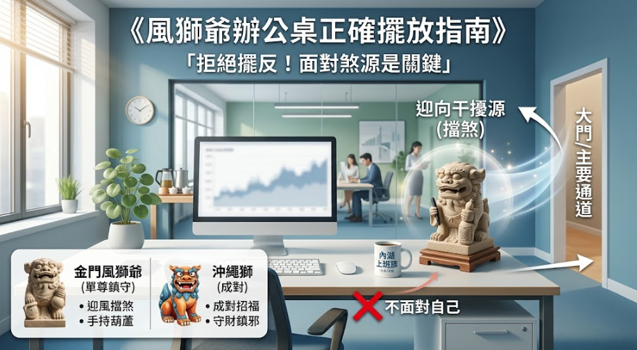 這是一張指導「風獅爺擺放辦公桌」的實務示意圖。畫面中示範將單尊金門風獅爺放置於辦公桌上，強調其神像必須迎向大門或主要通道等干擾源來發揮擋煞作用，且嚴禁面對自己；左下角並貼心對比了單尊擋煞的金門風獅爺與成對招財的沖繩獅差異，幫助讀者正確挑選與佈置以穩定職場氣場。