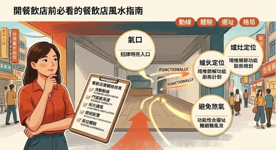 這是一幅解讀「餐飲店風水」籌備要點的熱鬧街景插畫。畫面左側一位女性創業者拿著包含流動動線、門面能見度、採光通風等項目的實戰檢核表；右側針對店面入口標註招牌氣口、廚房爐灶定位與避煞選址，幫助餐飲業者在開店前通盤規劃好格局與動線。