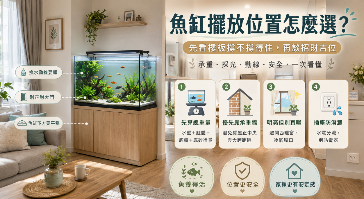 這是一張解析「魚缸擺放位置」的客廳實景教學圖。畫面左側展示水草魚缸的理想佈置，標註了換水動線順暢、避開正對大門及底部平穩等細節；右側則列出四大環境指標：先精算總重量、優先靠承重牆、維持明亮但避開西曬與冷氣直吹，以及確保插座防潑水。圖文重點提醒讀者在考量招財吉位前，必須先確認居家樓板承重與用電安全。