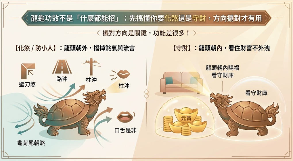 這是一幅解析「龍龜功效」與擺放方向的實用圖解。畫面左右對比了兩種核心功能：左側說明若要化煞與防小人，需將龍頭朝外，以龜背抵擋壁刀、路沖或口舌是非等煞氣；右側則示範若目的為守財，應將龍頭朝內看向客廳與財庫，藉此賜福並鎖住財富，幫助讀者釐清需求以發揮風水佈置的最大效用。