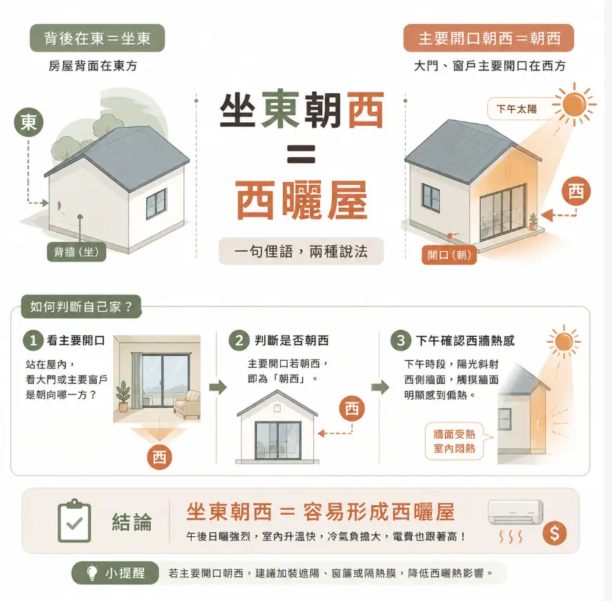 這是一幅還原「坐東朝西賺錢沒人知什麼意思」真實居住影響的方位圖卡。畫面透過房屋立體圖直觀定義了「房屋背面在東、主要開口朝西」的物理格局，點破這句俚語本質上就是指午後日照強烈的「西曬屋」；圖卡下方更附帶三個判斷自家方位的實務步驟，提醒屋主注意西曬帶來的室內升溫與高額電費問題，並具體建議加裝遮陽或隔熱膜來降低環境負擔。