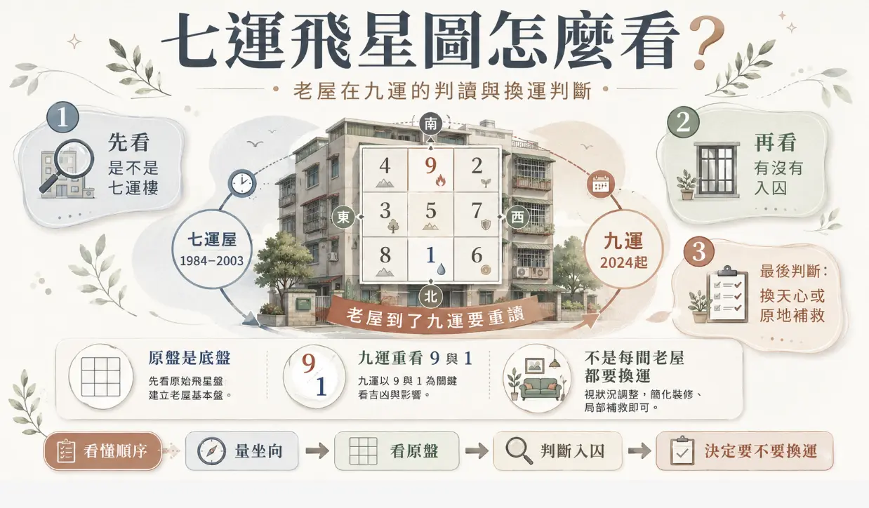 這是一張解析「七運飛星圖」在進入九運後如何重新判讀的實務教學圖。畫面中央以建於1984至2003年間的老屋為背景，疊加上九宮格飛星盤；圖面詳細列出三大檢核步驟：先確認七運屋身分、接著檢查是否有星曜入囚現象，最後綜合評估是否需要透過「換天心」的大幅翻修來改運，或僅需原地局部補救即可，幫助屋主釐清老房子的風水調整方向。