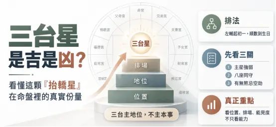 這是一張解析紫微斗數「三台星」真實份量的教學圖卡。畫面中央以三層階梯具象化三台星主導的「位置、地位、排場」核心概念，強調其為提升能見度的抬轎星，主地位而非主本事；右側則有條理地列出從左輔起算的排盤法，以及評估主星強弱、八座同守與煞忌空劫的判讀三關，幫助讀者精準掌握這顆輔星在命盤中的實質作用。