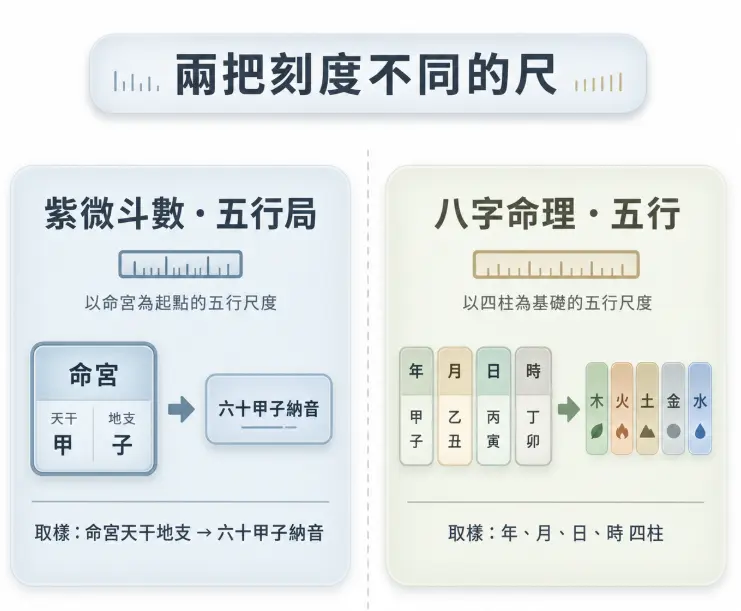 這是一幅釐清命理底層邏輯的觀念對照圖。畫面以「兩把刻度不同的尺」作比喻，左側標示紫微斗數的五行局（如命局火六局）是以命宮天干地支推算出的六十甲子納音；右側則說明八字命理的五行是直接取自年月日時四柱的基礎屬性。透過直觀的左右對比，提醒大眾在學習命理時，需清楚辨識兩套系統截然不同的取樣標準。