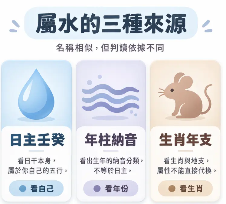釐清五行屬水的人三種不同判讀依據的圖表。畫面將屬水來源分為看日干本身的日主壬癸、看出生年的年柱納音,以及看地支的生肖年支。藉此提醒這三套系統名稱相似但基準完全不同,屬性絕不可直接代換。