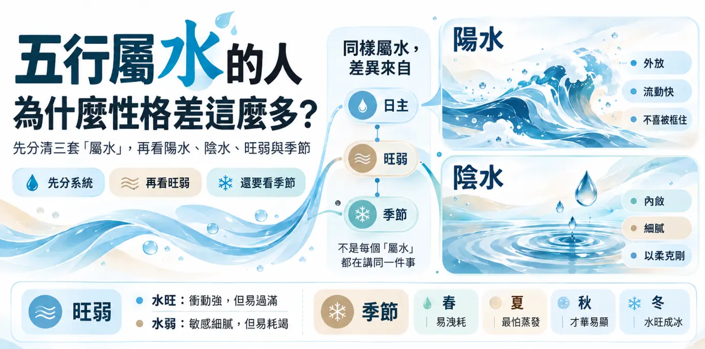 剖析五行屬水的人為何性格迥異的命理圖解。畫面點出同樣屬水，會因陽水的外放與陰水的內斂而有別，同時指出必須綜合評估水氣的旺弱程度，以及四季對水能量的影響，強調不能單以屬水概括全貌。