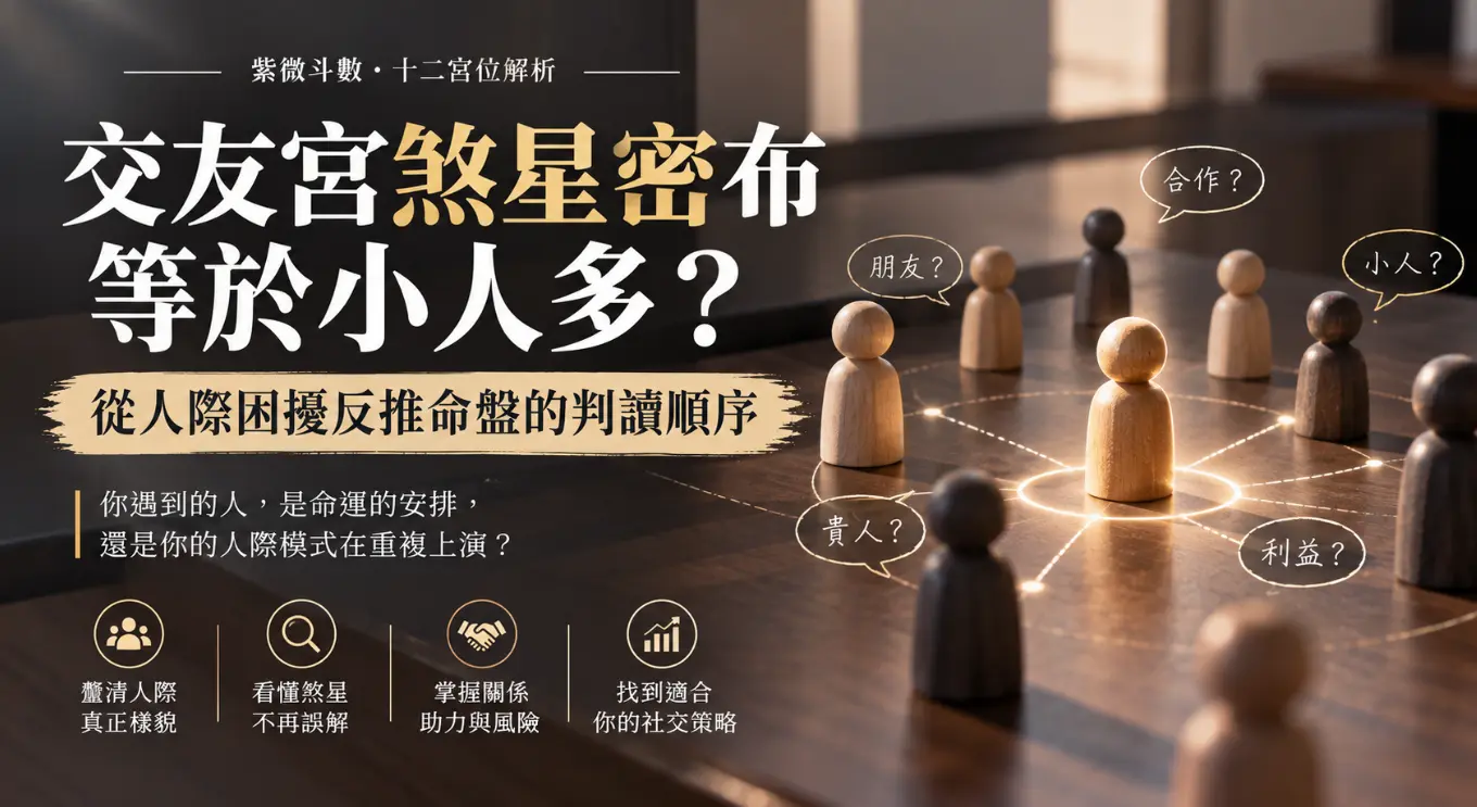 這是一張破除「交友宮煞星密布等於小人多」迷思的觀念圖卡。畫面以木頭人偶連結構成的社交網絡為背景，點出人際困擾往往是自身互動模式的重複上演；下方並列出四項判讀順序，引導讀者透過客觀看懂煞星、評估關係風險，不再將問題單純歸咎於命運，進而反推並建立真正適合自己的社交策略。