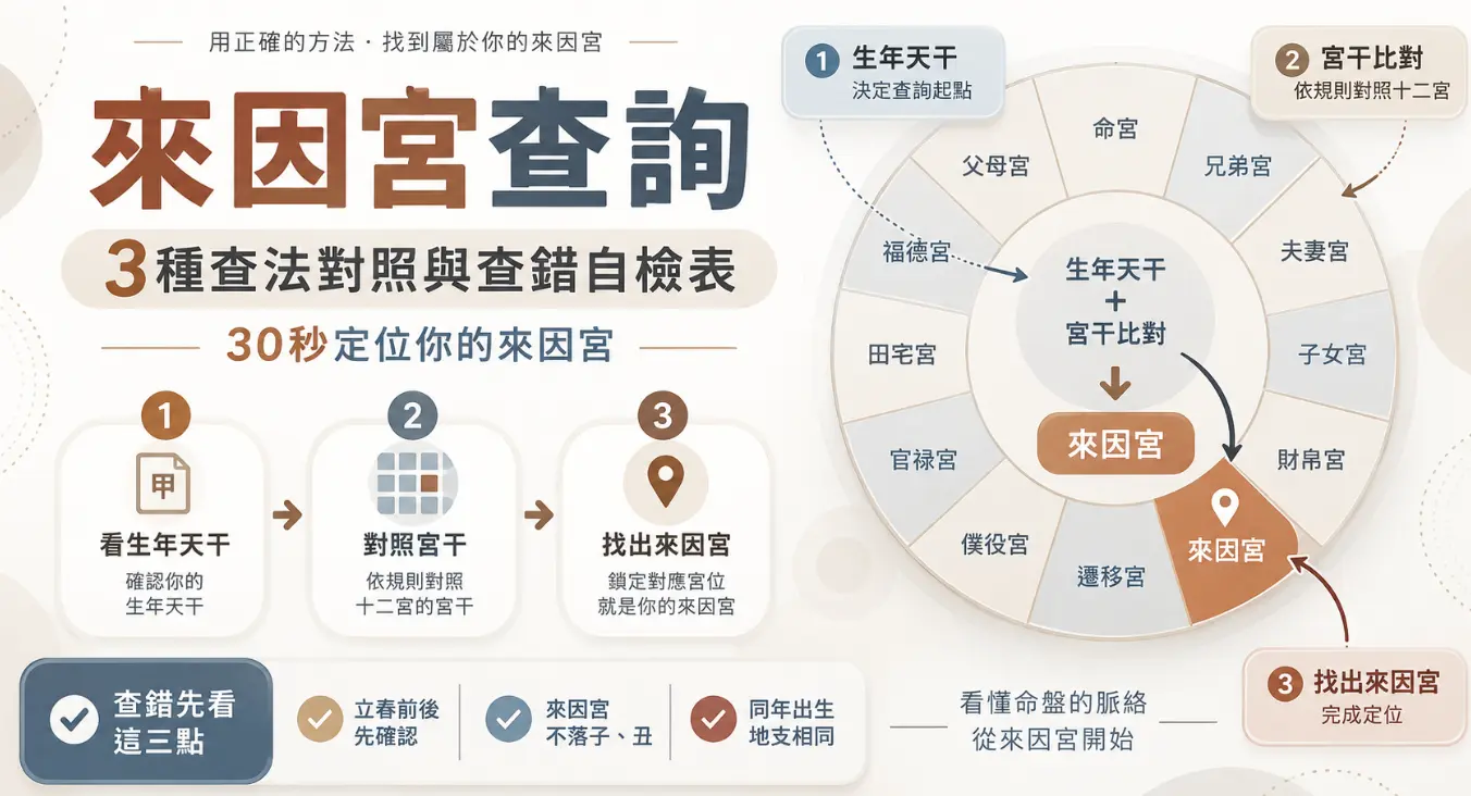 這是一張教導讀者如何快速進行「來因宮查詢」的實用教學圖卡。畫面左半部清晰歸納出找尋來因宮的三個步驟：先看生年天干、接著對照十二宮干，最後鎖定對應宮位；右半部則透過紫微命盤圖示範了天干比對的動線。下方還貼心附上查錯自檢表，提醒初學者注意立春前後差異以及「來因宮不落子、丑兩宮」的鐵則，幫助大家在30秒內精準找出屬於自己的來因宮。
