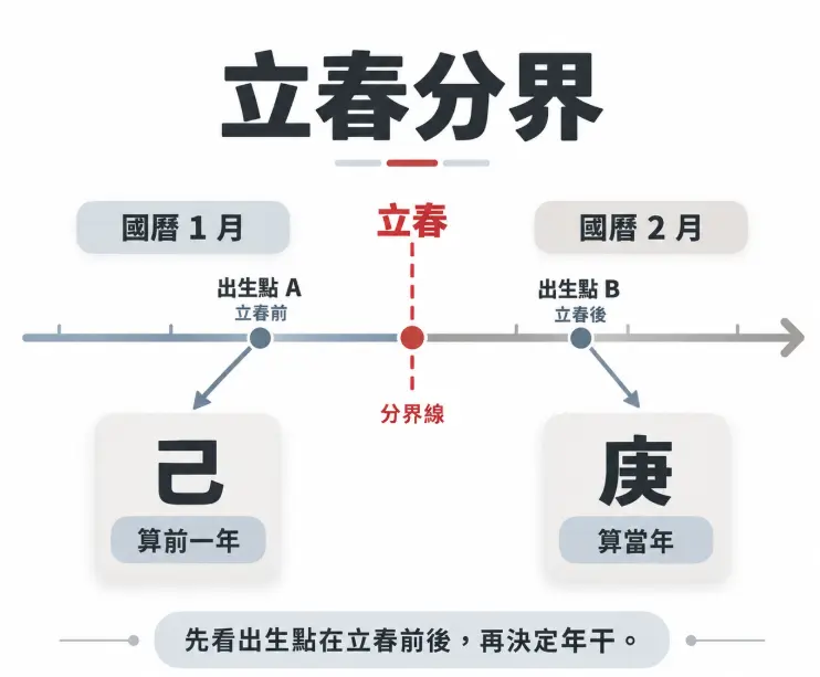 這是一幅解析命理中「立春分界」概念的時間軸示意圖，更是正確進行「來因宮查詢」的首要關鍵。畫面中央以紅色的立春點作為分界線，明確對比出兩種情況：若出生在立春之前（如國曆1月），生年天干必須往前推算一年（如圖例的己年）；若出生在立春之後，則直接以當年度計算（如圖例的庚年）。透過簡單直觀的圖解，有效協助讀者釐清自己的正確天干，避免排盤基礎發生錯誤。
