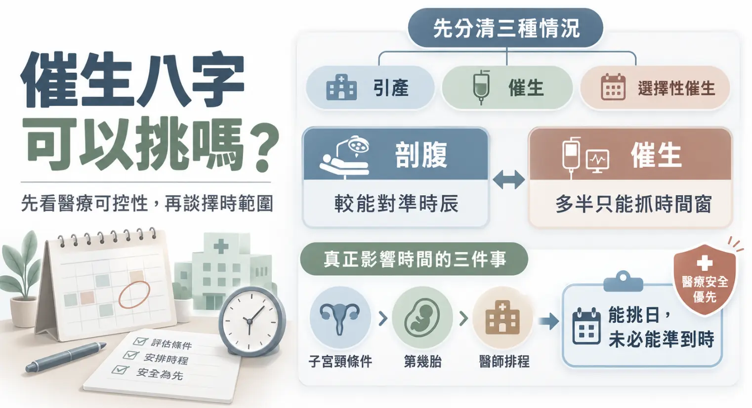 這是一張探討「催生八字」能否精準挑選的觀念圖卡。畫面客觀對比了剖腹產能精準對上時辰、而催生多半只能鎖定「時間窗」的現實落差；下方進一步列出子宮頸條件、胎次與醫師排程等三大真正影響寶寶出生時間的生理與現實變數，藉此提醒父母在規劃命盤時，必須建立「能挑日，未必能準到時」的正確認知，將醫療安全放在首位。