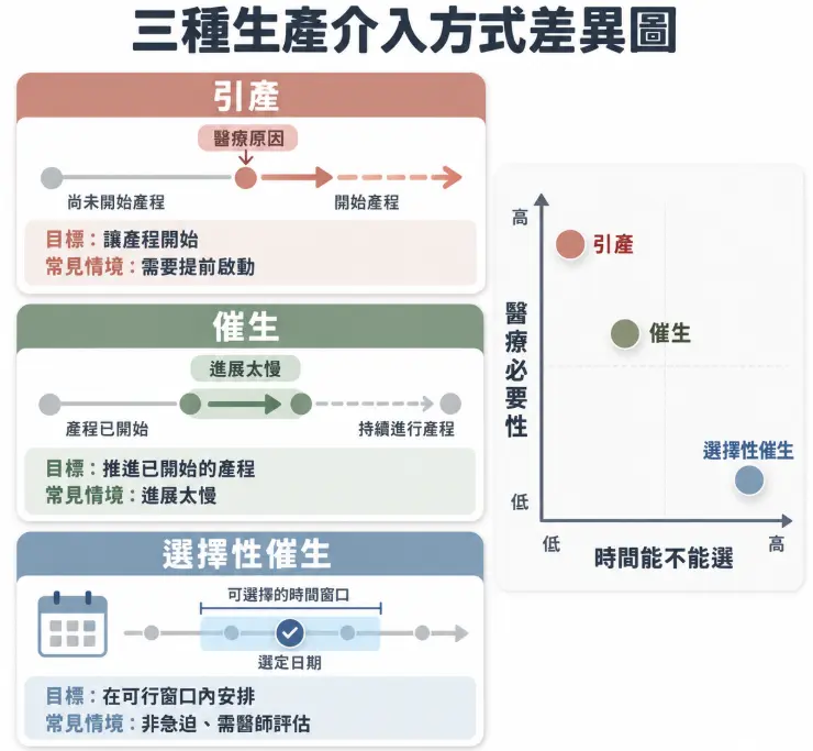 這是一幅協助大眾評估「催生八字」可行性的醫療分析圖表。畫面左側清楚拆解了因醫療原因啟動的引產、推進產程的催生，以及非急迫的選擇性催生三者差異；右側則巧妙運用座標象限，將其依據「醫療必要性」與「時間選擇自由度」進行交叉落點比對。透過直觀的視覺化矩陣，幫助讀者秒懂只有在「選擇性催生」的條件下，才有較大餘裕去安排理想的出生日期。