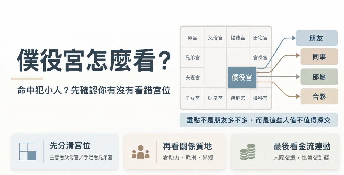 這是一張解析紫微斗數「僕役宮」的教學圖卡。畫面右側將僕役宮的作用對象精準界定為朋友、同事、部屬與合夥人，藉此打破大眾對於命中犯小人的常見迷思；下方並列出實用的看盤三步驟，引導初學者先分清主管與手足的宮位差異，接著評估關係的助力與耗損界線，最後檢視人際裂縫對應的金流連動，強調人脈重質不重量的核心觀念。
