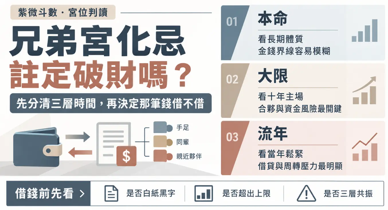 這是一張探討「兄弟宮化忌」是否必然破財的紫微實務圖卡。畫面打破單一迷思，將時間維度拆解為本命（長期體質）、大限（十年主場）與流年（當年鬆緊）三個層次來評估資金風險；下方則針對手足與同輩間的借貸關係，給出必須白紙黑字、設立停損上限以及觀察三層共振等具體建議，引導讀者在借錢前先透過命盤理清財務界線。