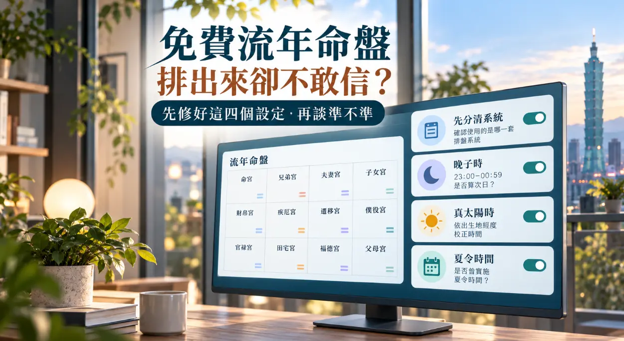 這是一張教導如何提升「免費流年命盤」準確度的軟體介面實境圖。畫面以現代辦公桌上的電腦螢幕為視覺中心，背景透出台北101的城市意象，巧妙點出許多人算命覺得不準的痛點；螢幕右側面板則如SaaS儀表板般，清晰列出必須優先校正的四大隱形開關：確認排盤系統、晚子時跨日判定、真太陽時經度微調與夏令時間。藉此提醒使用者在看運勢前，務必先將系統底層參數設定正確，解盤才有參考價值。