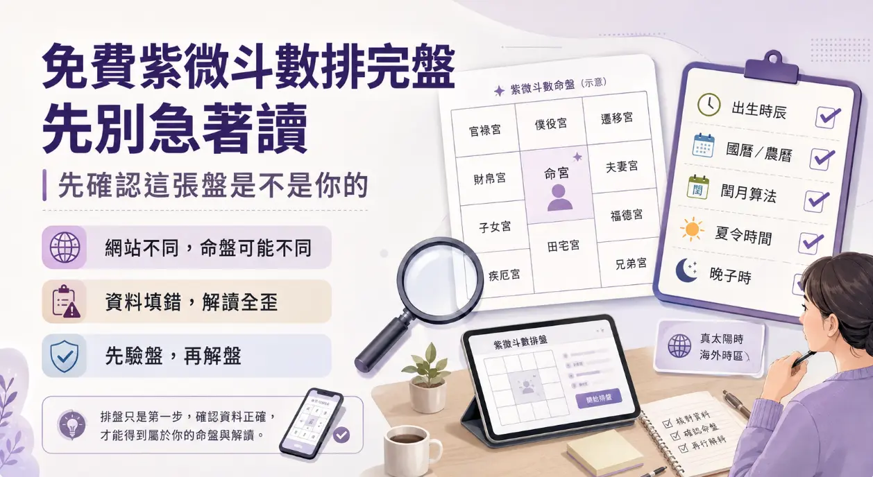 這是一張教導初學者在使用「免費紫微斗數」軟體排出命盤後，如何進行正確驗證的觀念教學圖。畫面右側透過勾選清單，詳細列出出生時辰、閏月算法、夏令時間與晚子時等易錯變數，提醒使用者不同網站的起盤邏輯可能會導致結果大不相同；圖文強烈宣導「先驗盤、再解盤」的核心步驟，呼籲大眾在急著閱讀解析前，務必先確認軟體參數設定無誤，以免後續解讀完全偏離。