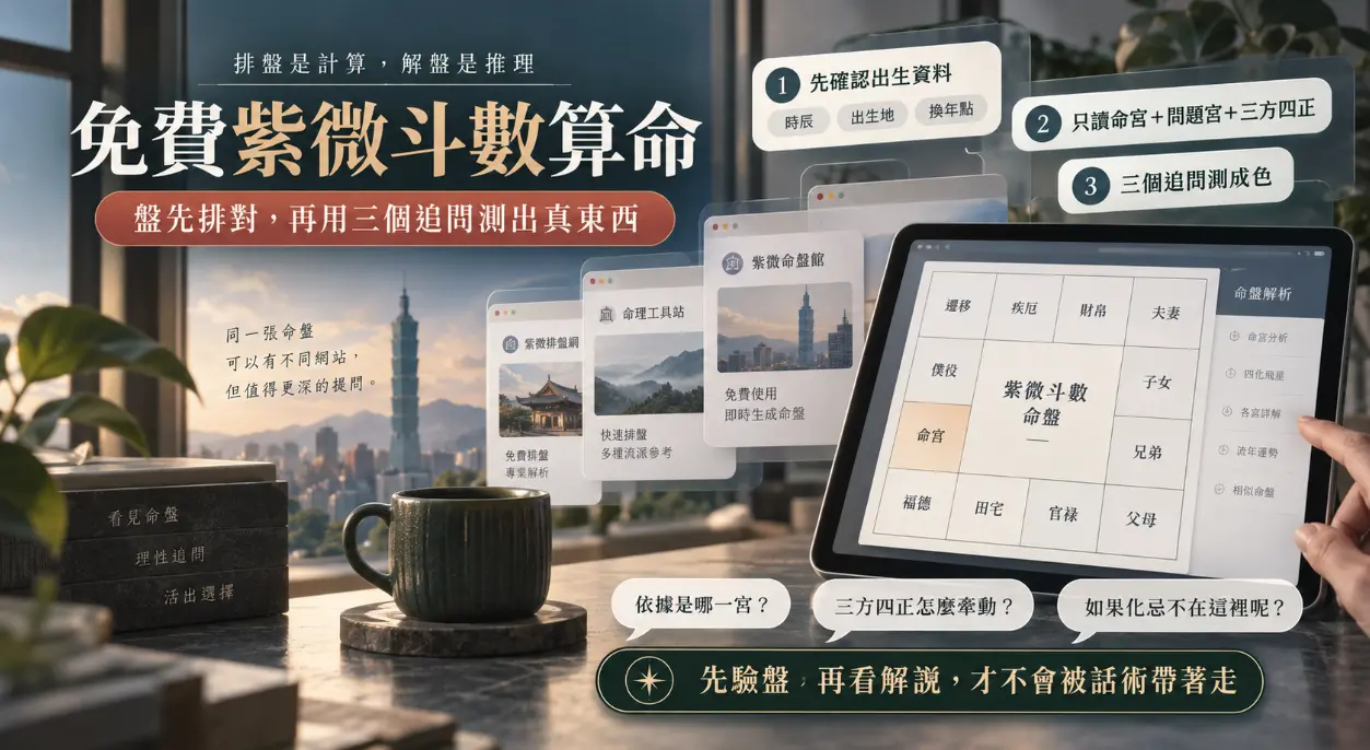 這是一張教導如何客觀使用「免費紫微斗數算命」線上網站的現代辦公桌實景圖。畫面以平板電腦展示十二宮位命盤，並疊加多個命理網站的浮動視窗，強調「排盤是計算，解盤是推理」的核心觀念；右側與下方清楚條列出確認出生資料、鎖定問題宮位，以及利用三個關鍵提問來驗證解說成色的實務步驟，提醒使用者在閱讀網路解析時保持理性，透過先驗盤再看解說的方式，避免被空泛的話術牽著走。