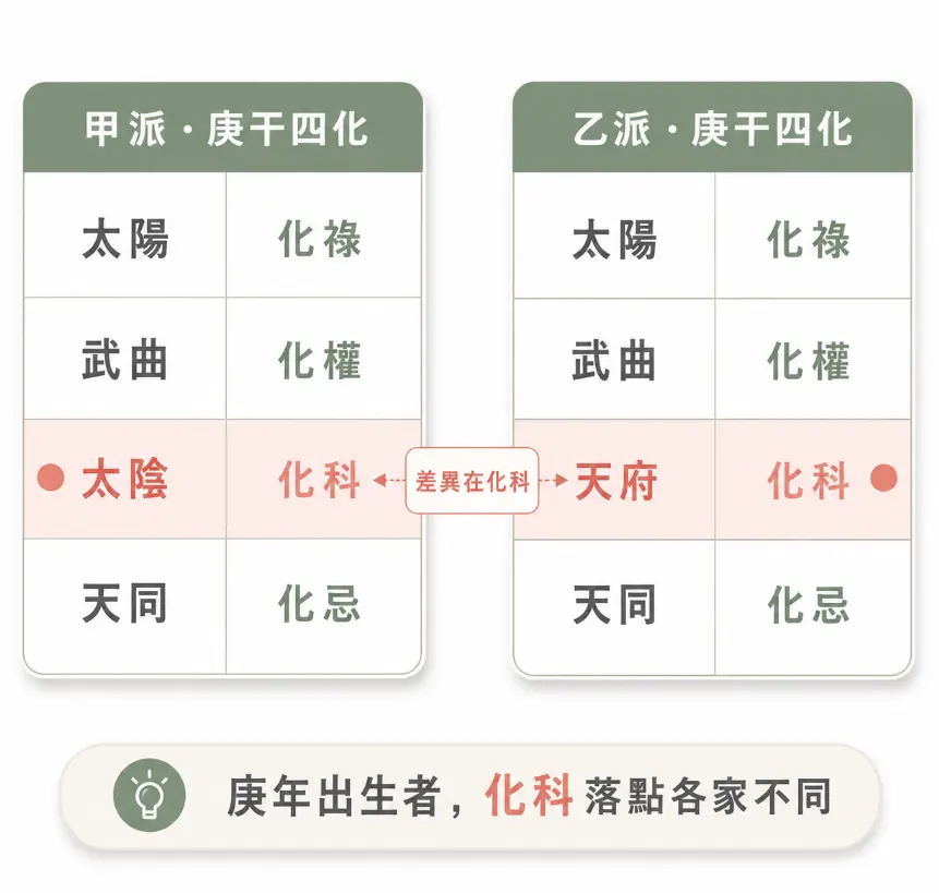 這是一幅解析「免費紫微斗數」排盤系統中常見門派設定差異的比較圖卡。畫面以直觀的表格拆解甲、乙兩派在處理「庚干四化」時的邏輯，並特別用紅字與底色塊突顯出兩者在「化科」星曜上的關鍵分歧：甲派採用太陰化科，而乙派則設定為天府化科；藉此提醒庚年出生的使用者，在不同網站測算時可能會得到長得不一樣的命盤，解讀前需先釐清該平台所採用的四化標準。