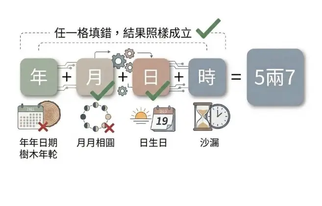 解析八字5兩7加法陷阱的四柱運算示意圖。畫面將年、月、日、時具象為四個相加的獨立區塊，展示稱骨算命的加總機制。圖中強調「任一格填錯，結果照樣成立」，客觀點出只要單一時間參數輸入錯誤，就能拼湊出虛假的總重量，提醒大眾切勿因錯誤的輸入值陷入命理迷思。